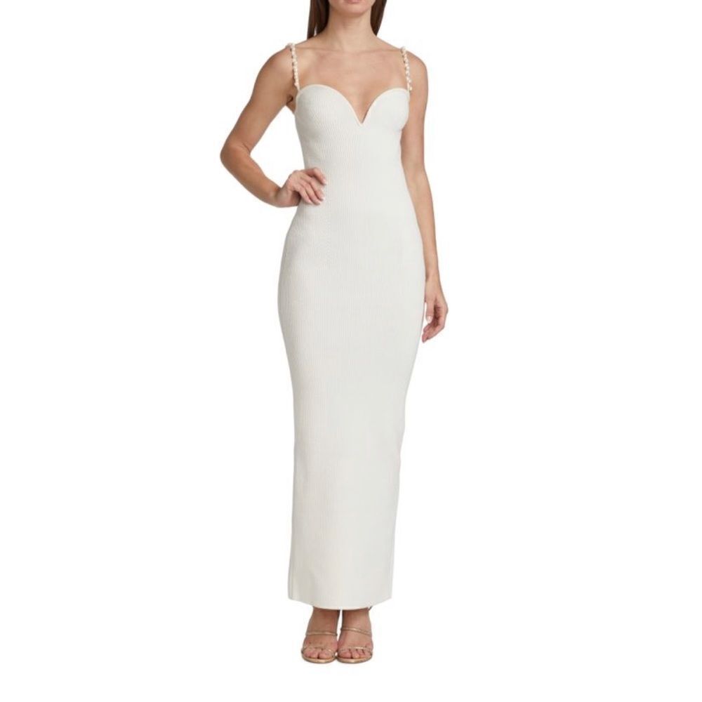 GALVAN Thalia Pearl-Embellished Ribbed Knit Dress size M